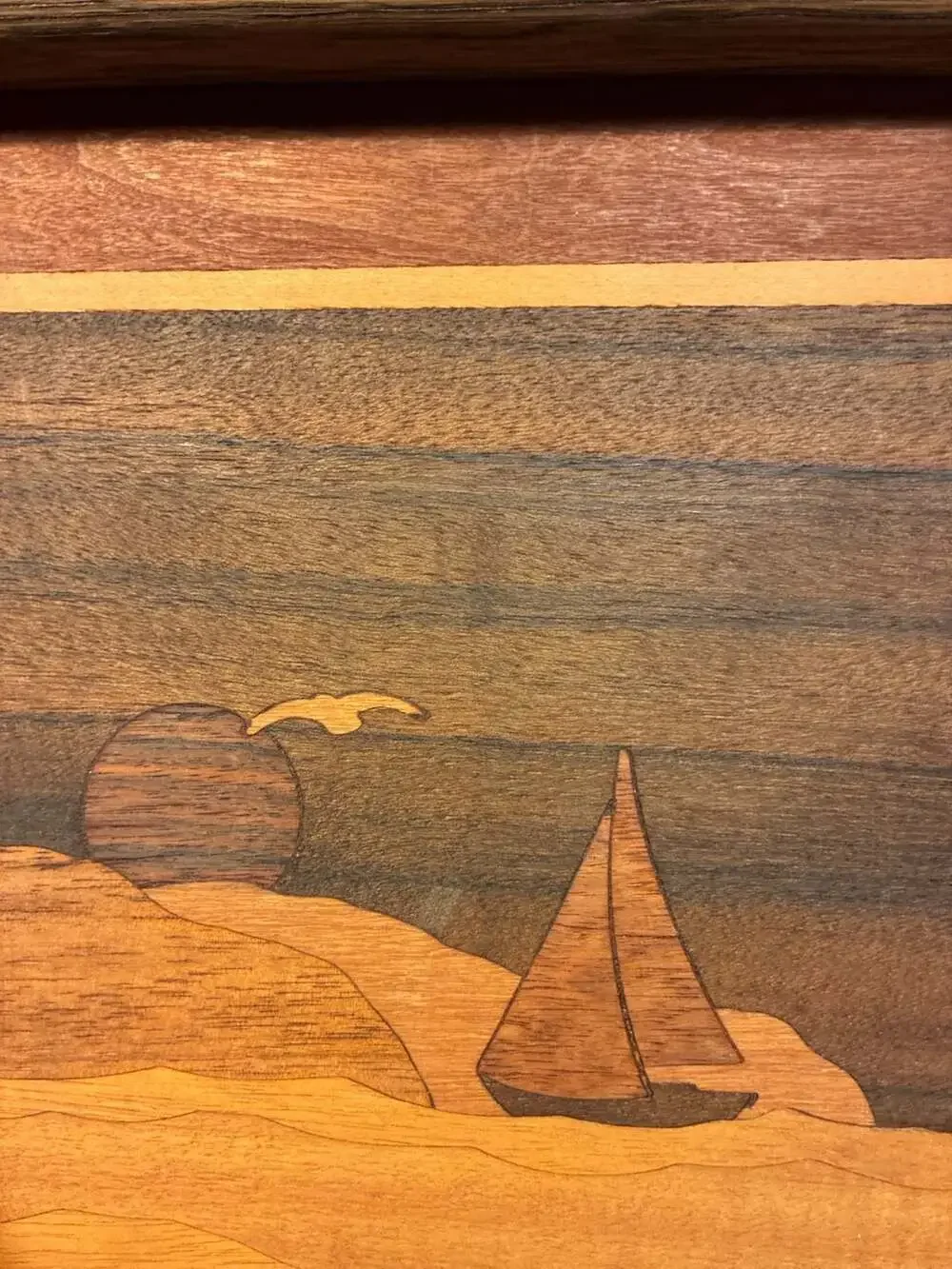 Robert A. Kitchens Vintage Marquetry Wood Inlay Sailboat Framed Art